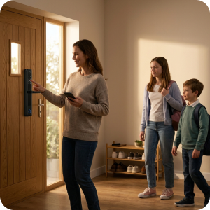 Person greeting a dog at the front door while using a smart lock keypad