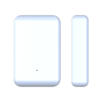 Simpled door sensor, a two piece white magnetic contact with the main unit beside its slim magnet strip