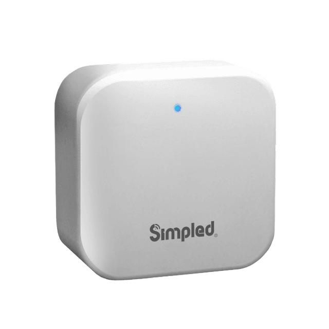 Simpled TG WiFi Gateway, a small white square plug-in hub with a blue status light and the Simpled wordmark
