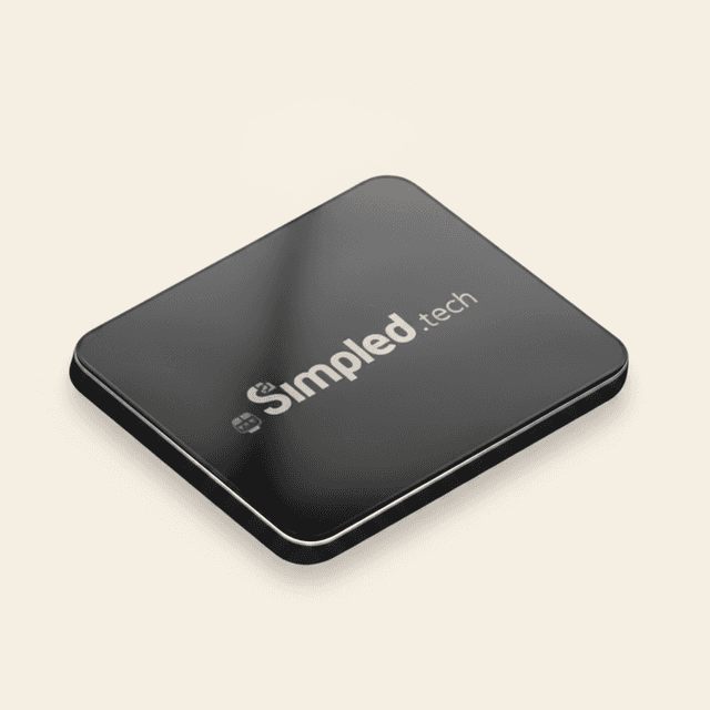 Simpled contactless tag in black printed with the Simpled.tech wordmark, one tag from the pack of four