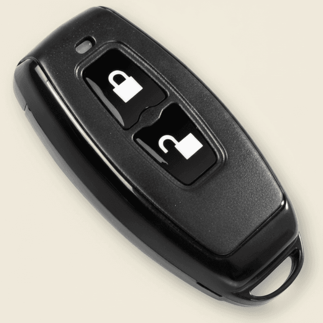 Simpled TA-SP remote controller, a black key fob with a lock button and an unlock button and a keyring loop