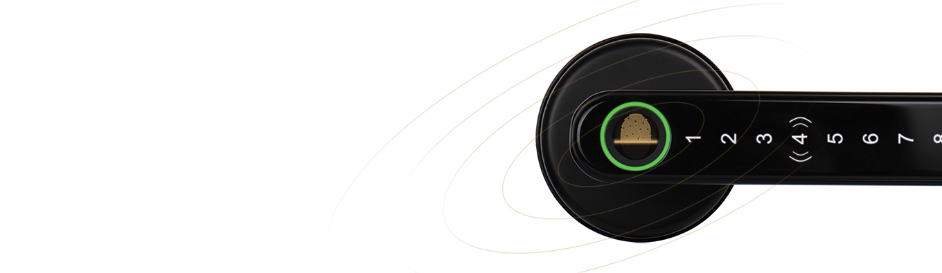 Close-up of the Simpled Leverline fingerprint reader glowing at the base of the lever